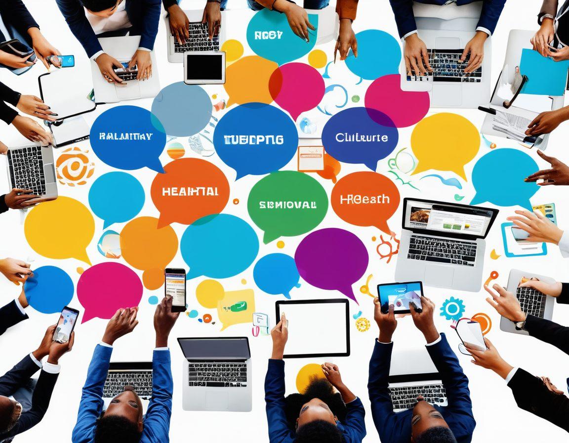 An engaging collage of vibrant discussion bubbles filled with varied colorful topics, surrounded by imagery of people using laptops and mobile devices, displaying a sense of community and interaction. Overlay with an abstract representation of various trending article themes such as technology, health, and culture. super-realistic. vibrant colors. white background.