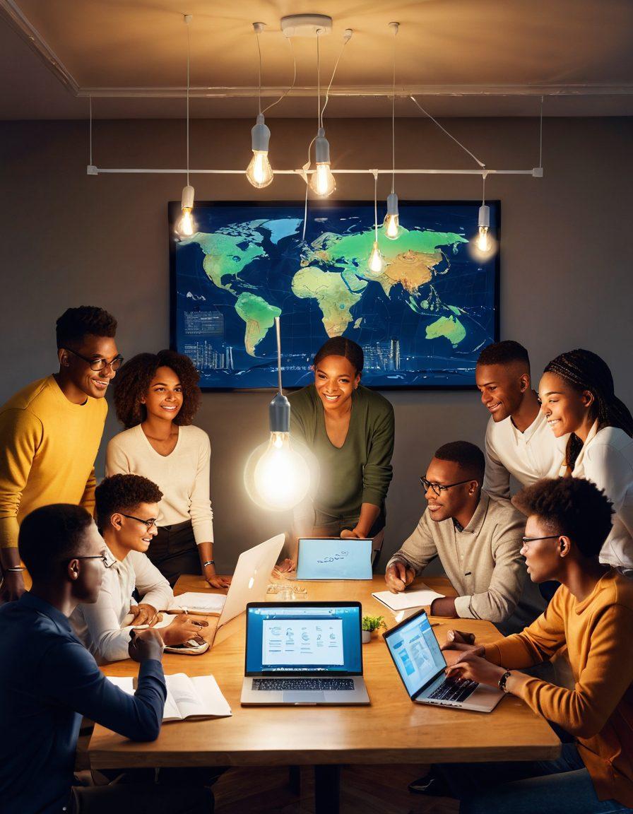 A diverse group of enthusiastic community members gathered around a table, sharing ideas and resources, with lightbulbs representing insights glowing above them. The background features a digital landscape symbolizing connectivity and collaboration. Include elements like books, laptops, and charts that signify knowledge sharing. Super-realistic. Vibrant colors. Warm, inviting atmosphere.